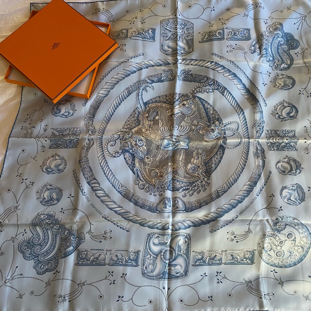Exquisite Vintage Silk Hermès scarf “ Blue Ors Nomades “ by Annie Faivre